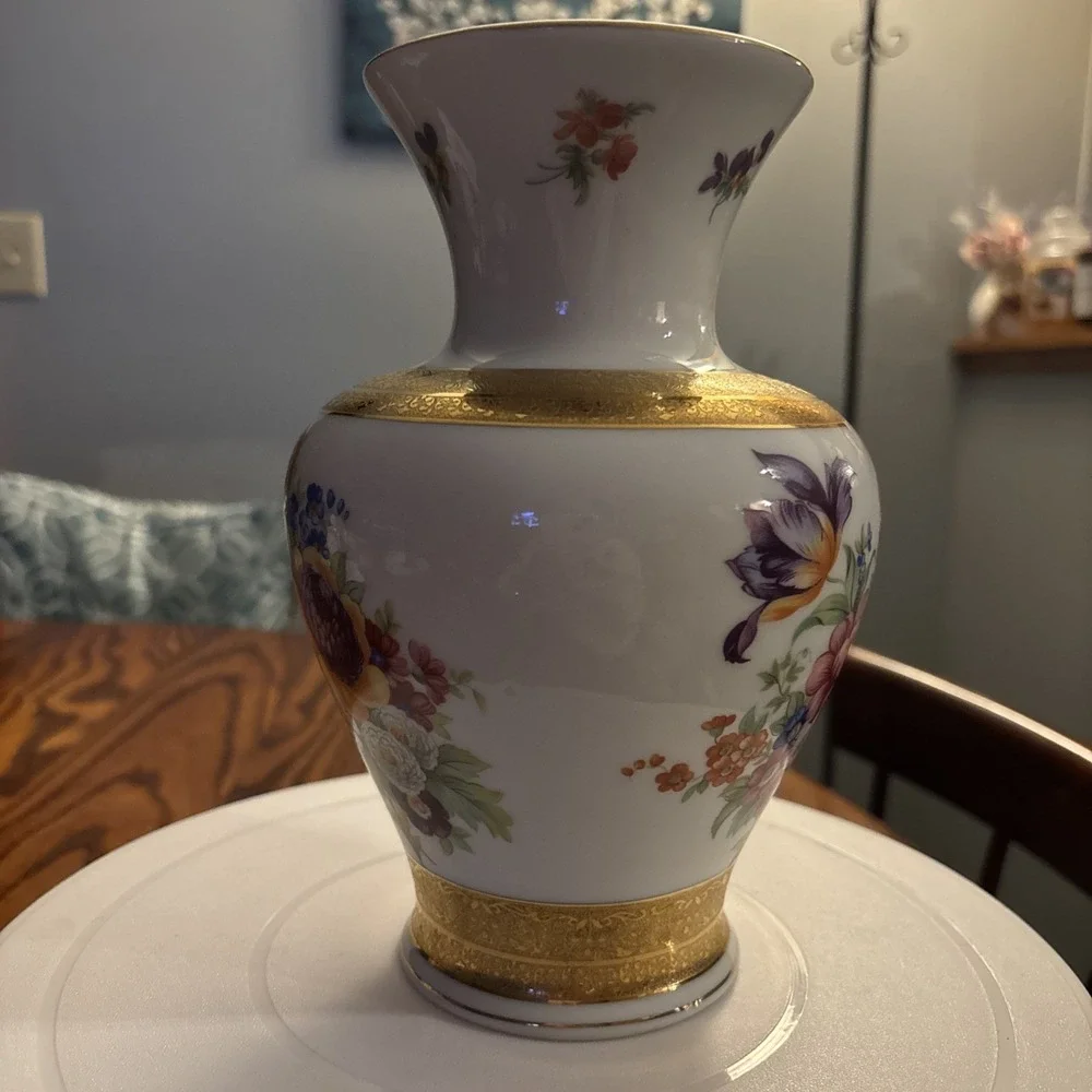 Vintage Apulum Alba luia Romainian Porcelain Vase Dresden Floral Gold Trim 1970
